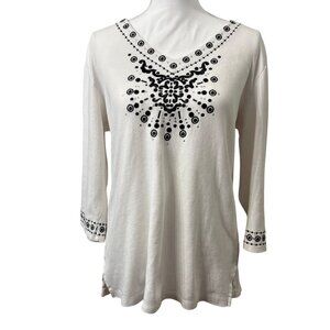 JM Collection Womens White & Black Embroidered VNeck 3/4 Sleeve Cotton Top SizeL